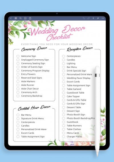 iPad Wedding Decor Checklist Template