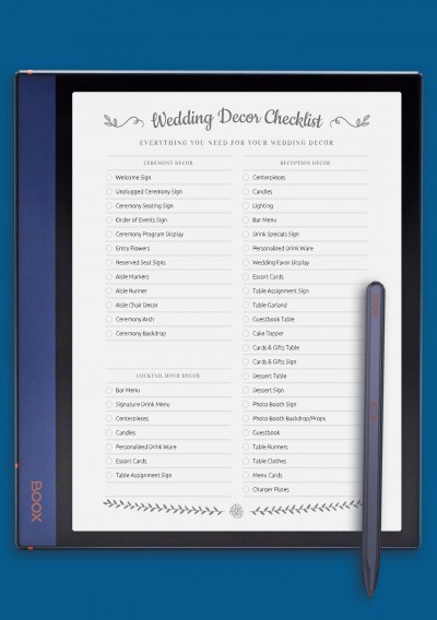 Wedding Decor Checklist - Romantic Style Template for BOOX Note
