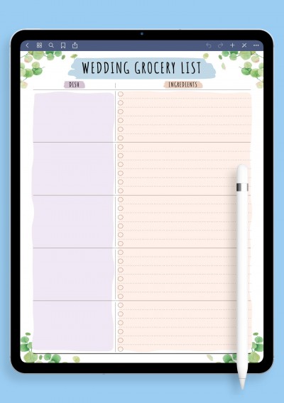 GoodNotes Wedding Grocery List Template - Floral