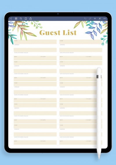 GoodNotes Wedding Guest List Template with Botanical Pattern Template