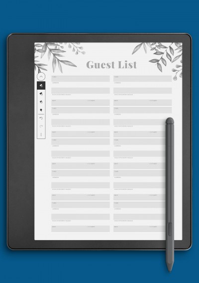 Kindle Scribe Wedding Guest List Template with Botanical Pattern