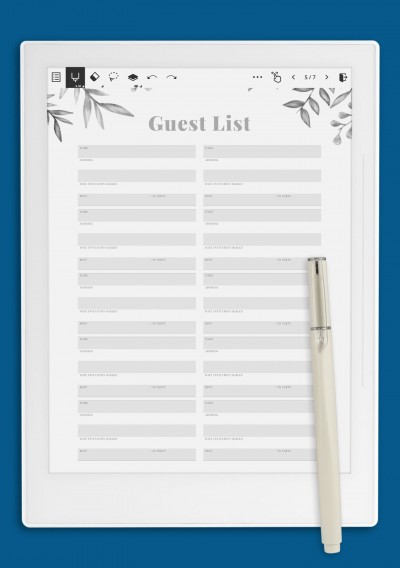Supernote A5X Wedding Guest List with Botanical Pattern Template