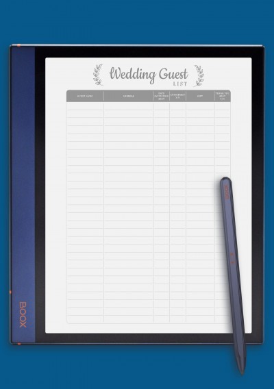Wedding Guest List - Romantic Style Template for BOOX Note