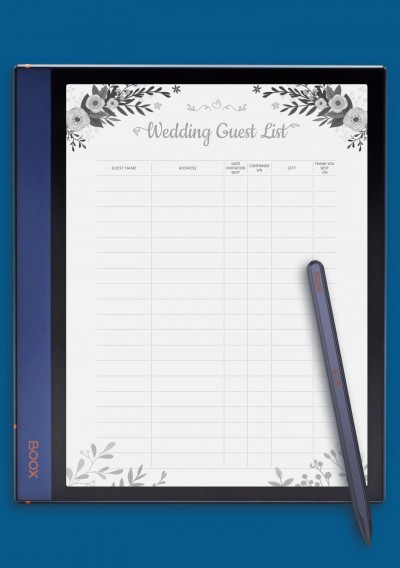 Wedding Guest List Template with Floral Pattern for BOOX Note