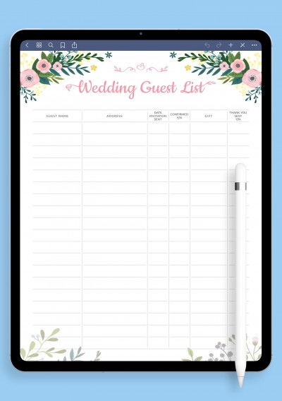 iPad Wedding Guest List Template with Floral Pattern