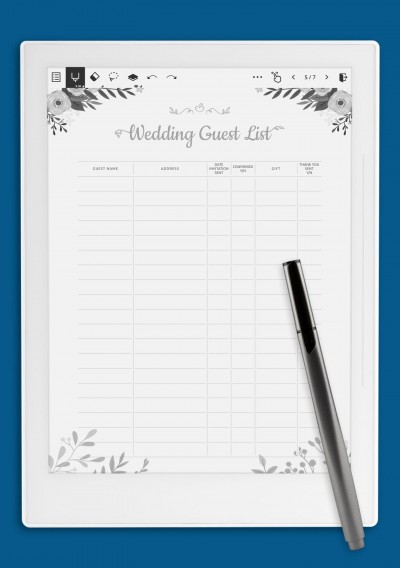 Supernote Wedding Guest List Template with Floral Pattern