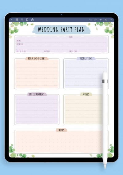 Wedding Party Planner Template - Floral for Notability