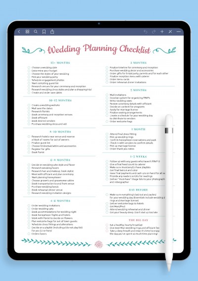Wedding Planning Checklist - Romantic Style Template for GoodNotes
