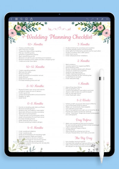 Wedding Planning Checklist - Shabby Chic Style Template for Notability