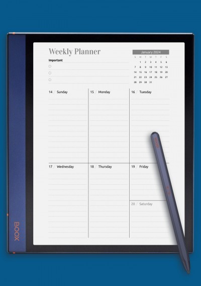 Week at a Glance planner with calendar template for BOOX Note