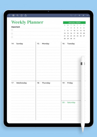 Week at a Glance With Calendar Template for GoodNotes