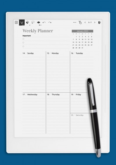 Week at a Glance planner with calendar template for Supernote A6X