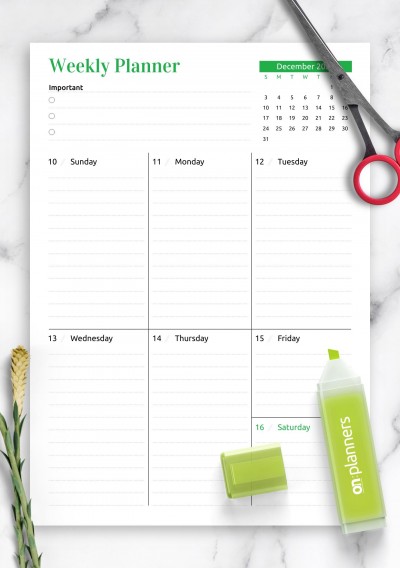 Download Week at a Glance planner with calendar - Printable PDF