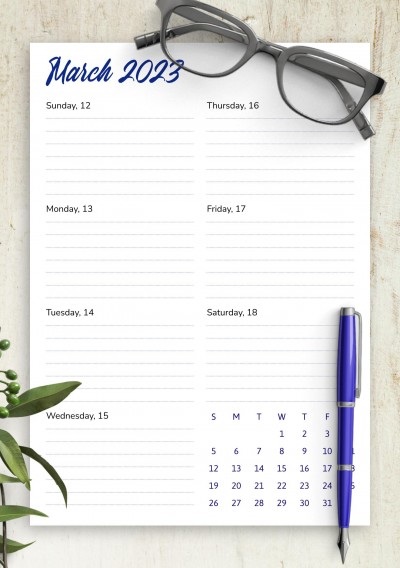 March 2023 Weekly Calendar Template