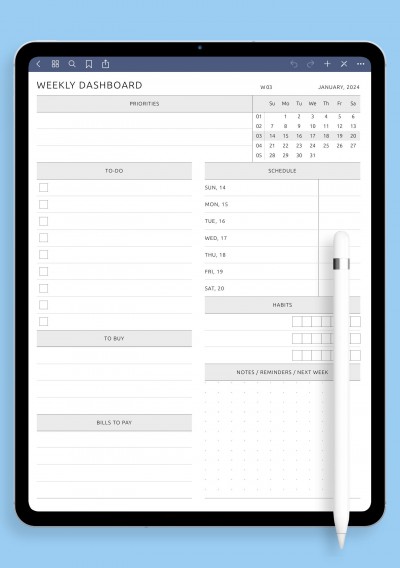 Weekly Dashboard Customizable Template for iPad