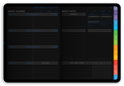 Download Weekly Digital Planner PDF for GoodNotes, iPad (Dark)