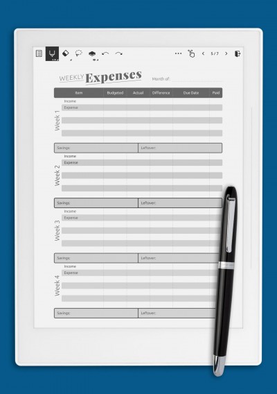 Supernote A5X Weekly Expenses Template