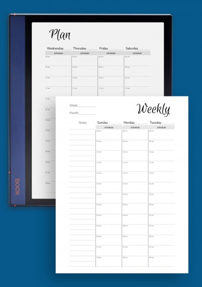 Weekly hourly planner with notes section template for BOOX Note