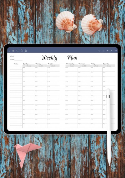Weekly hourly planner template with notes section for iPad