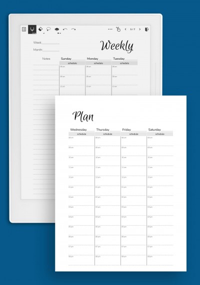 Weekly hourly planner with notes section template for Supernote A5X