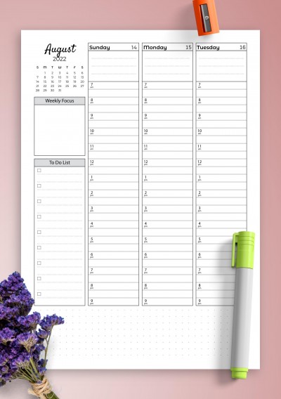 Download Weekly hourly planner with todo list - Printable PDF