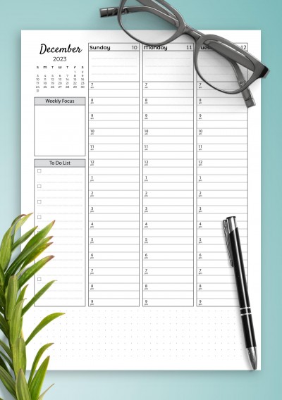Download Weekly hourly planner with todo list - Printable PDF