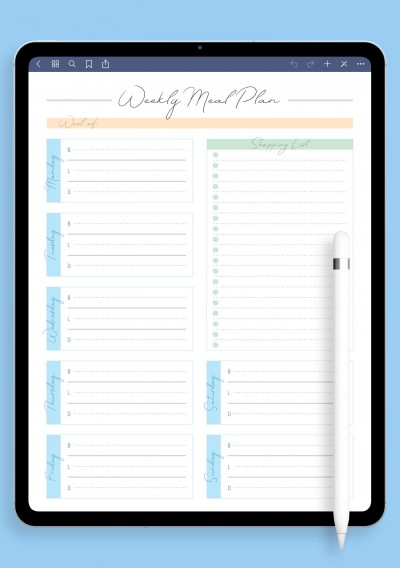 iPad Weekly Meal Plan and Shopping List Template