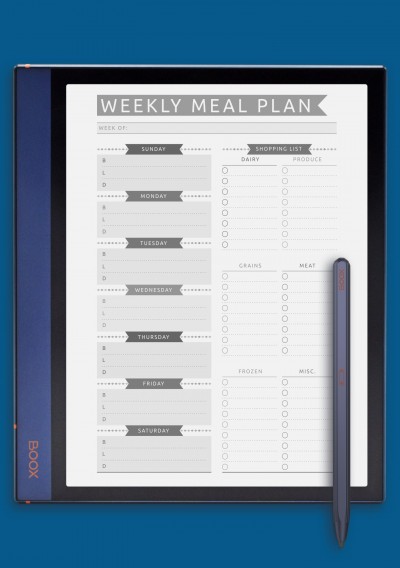 Weekly Meal Plan with Shopping List - Casual Style template for BOOX Note