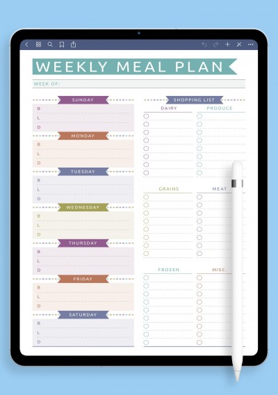 iPad Weekly Meal Plan with Shopping List - Casual Style Template
