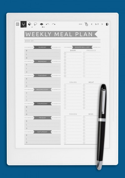 Weekly Meal Plan with Shopping List - Casual Style Template for Supernote A6X