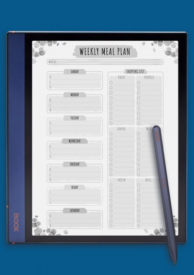 Weekly Meal Plan with Shopping List - Floral Style Template for BOOX Note