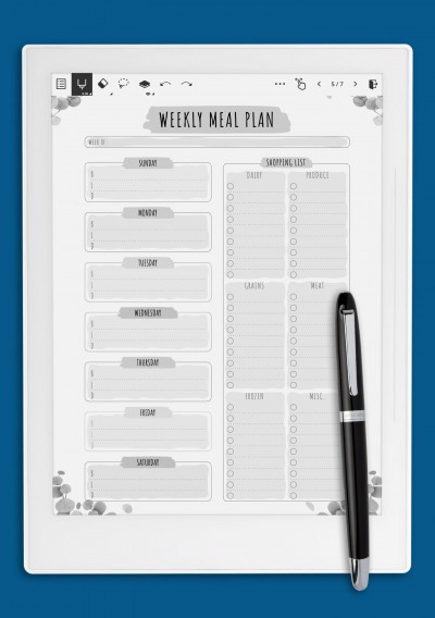 Weekly Meal Plan with Shopping List - Floral Style Template for Supernote A6X