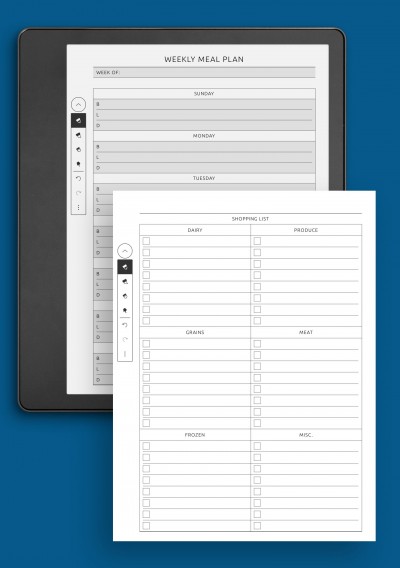 Weekly Meal Plan with Shopping List - Original StyleTemplate for Kindle Scribe