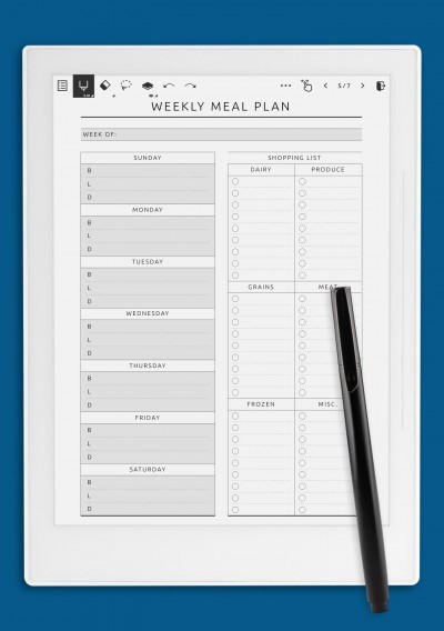 Supernote Weekly Meal Plan with Shopping List Template