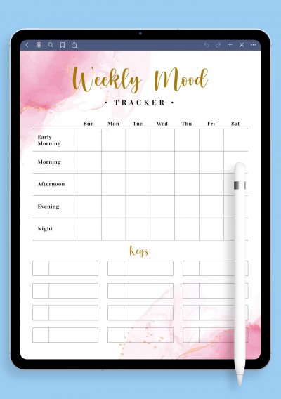 Weekly Mood Tracker Template - Aquarelle Pink Style for iPad & Android