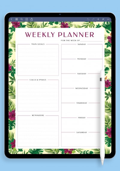 Weekly Planner Template with Main Goals for iPad & Android