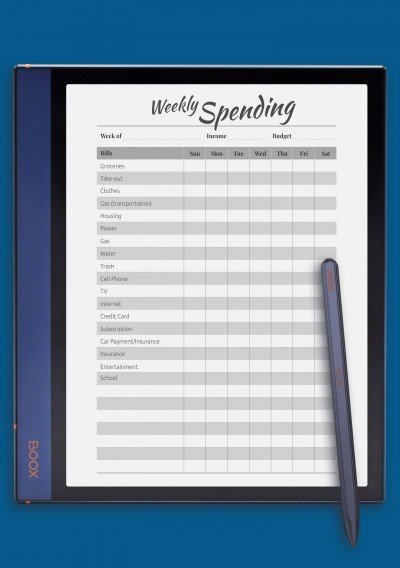 Weekly Spending template for BOOX Note