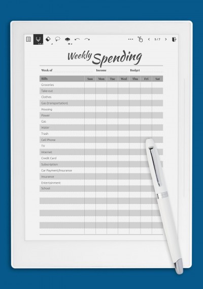Weekly Spending Template for Supernote A6X