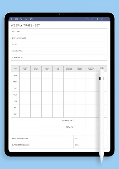 Weekly Timesheet Template for GoodNotes