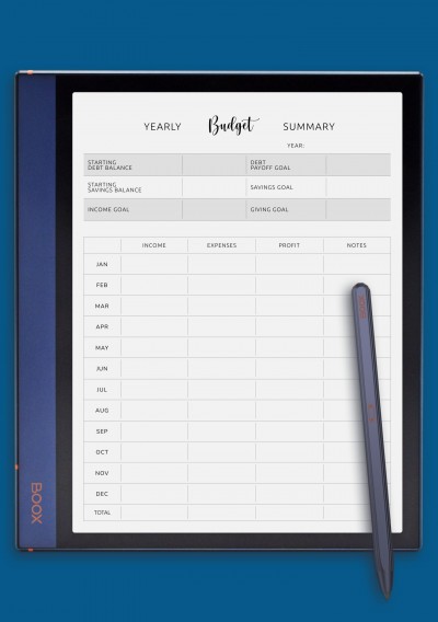 BOOX Note Air Yearly Budget Summary Template