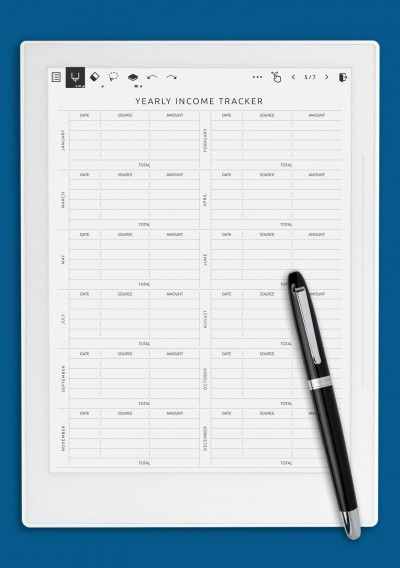 Yearly Income Tracker Template for Supernote