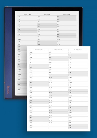Yearly Vertical Calendar on Four Pages template for BOOX Note