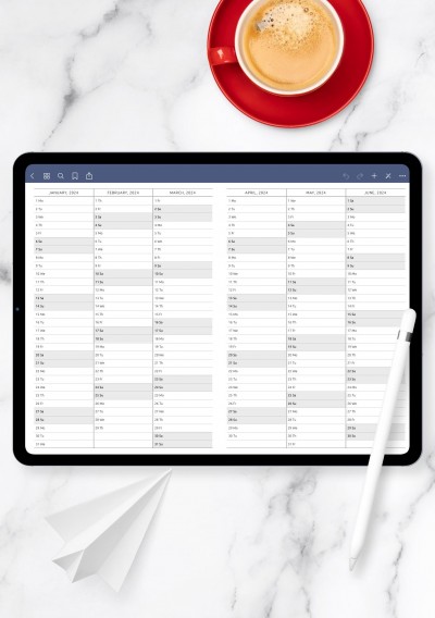 Yearly Vertical Calendar on Four Pages template for GoodNotes