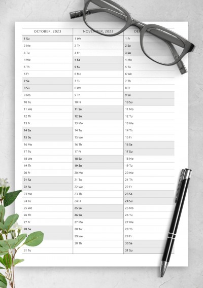 Download Yearly Vertical Calendar on Four Pages - Printable PDF