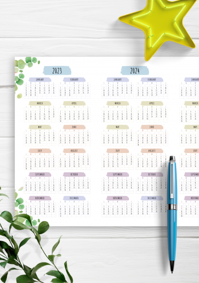 Download 3-year Calendar Template - Floral Style - Landscape View - Printable PDF