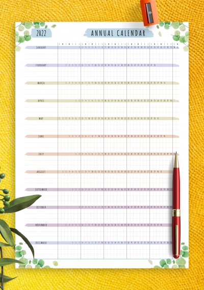 Download Annual Calendar Template - Floral Style - Printable PDF