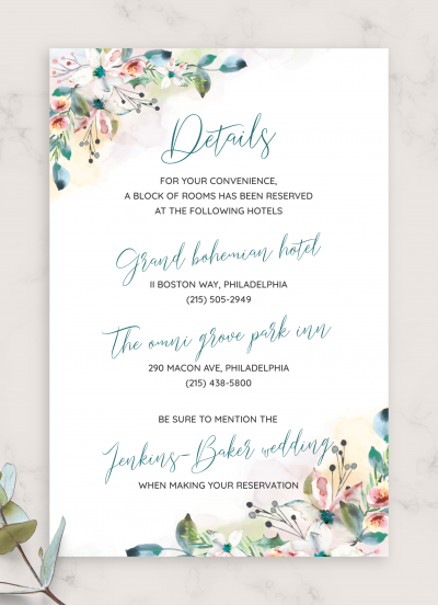 Download Botanical Watercolor Wedding Details Card - Printable PDF