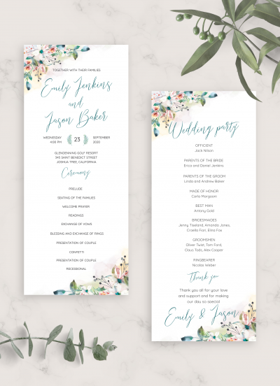Download Botanical Watercolor Wedding Program - Printable PDF