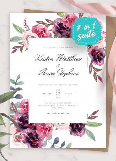 Download Burgundy Floral Wedding Invitation Suite - Printable PDF