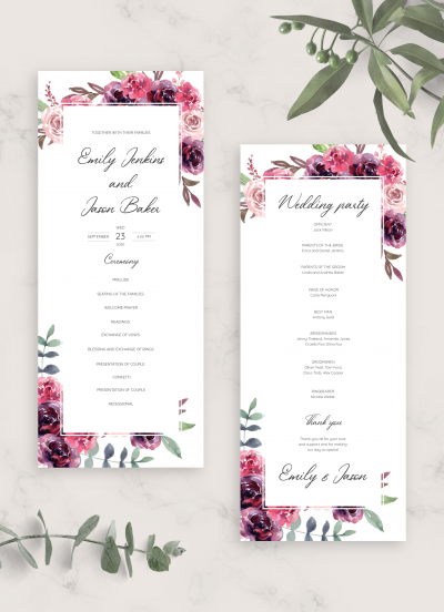Download Burgundy Floral Wedding Program Card - Printable PDF